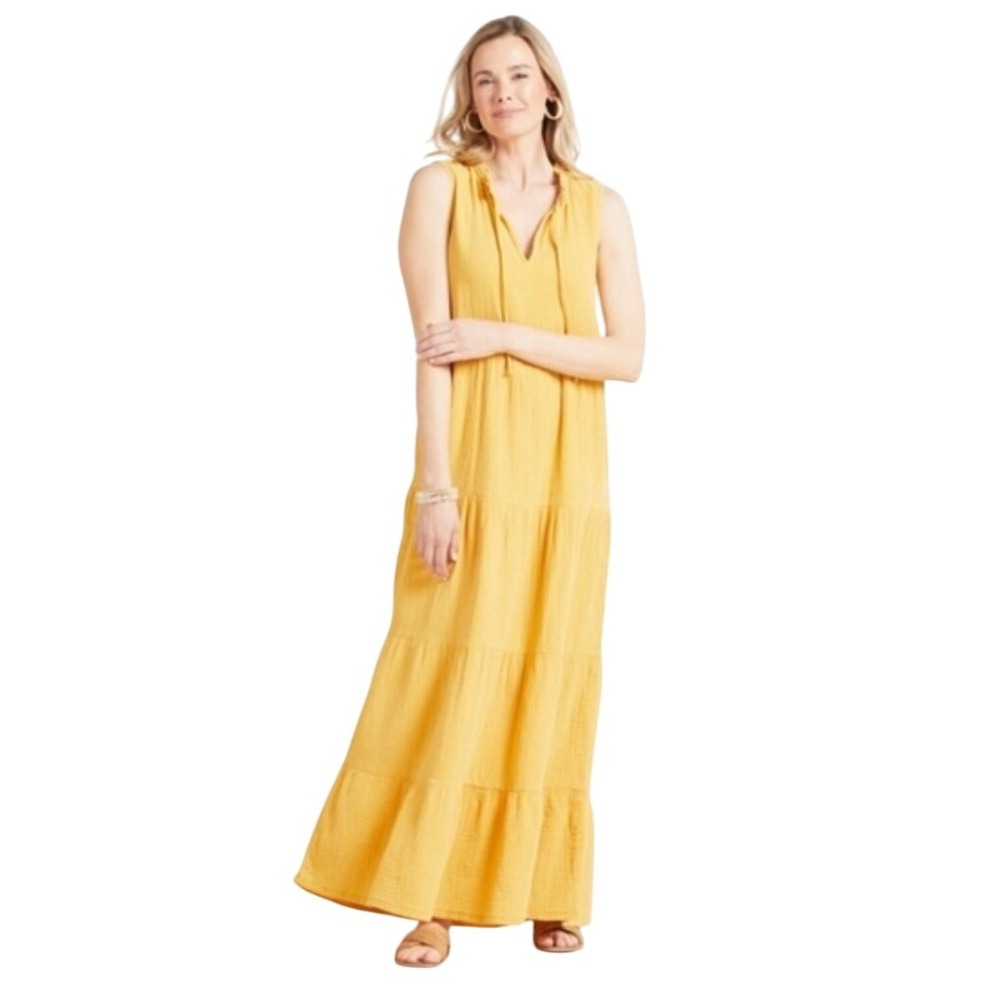 Evereve Georgia Gauze‎ Maxi Dress Mustard Yellow Tiered V-NECK Sleeveless Medium